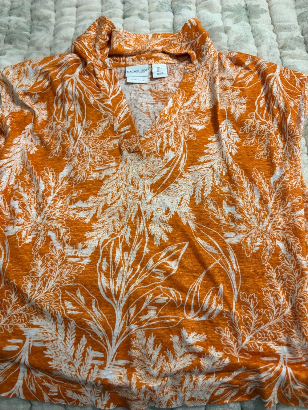 Rachel Zoe Orange and Cream Botanical Print V-Neck Top